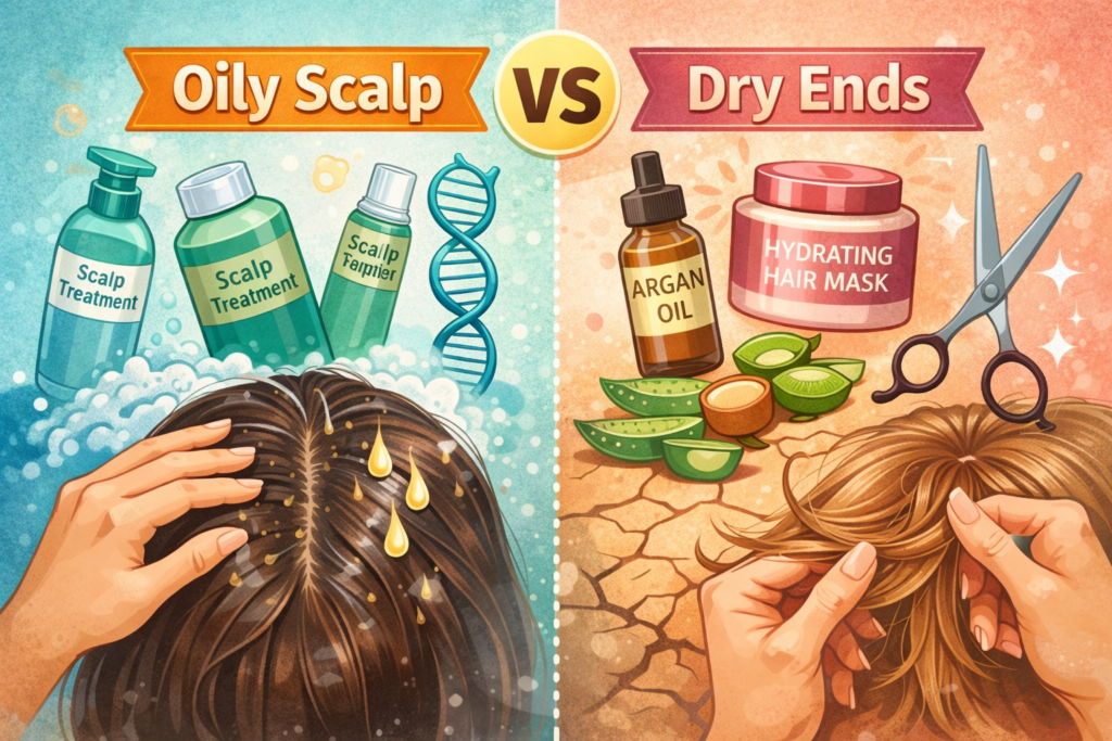 oily scalp vs dry ends